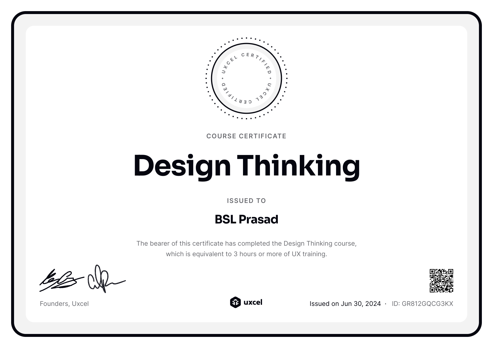 BSL Prasad's certificate